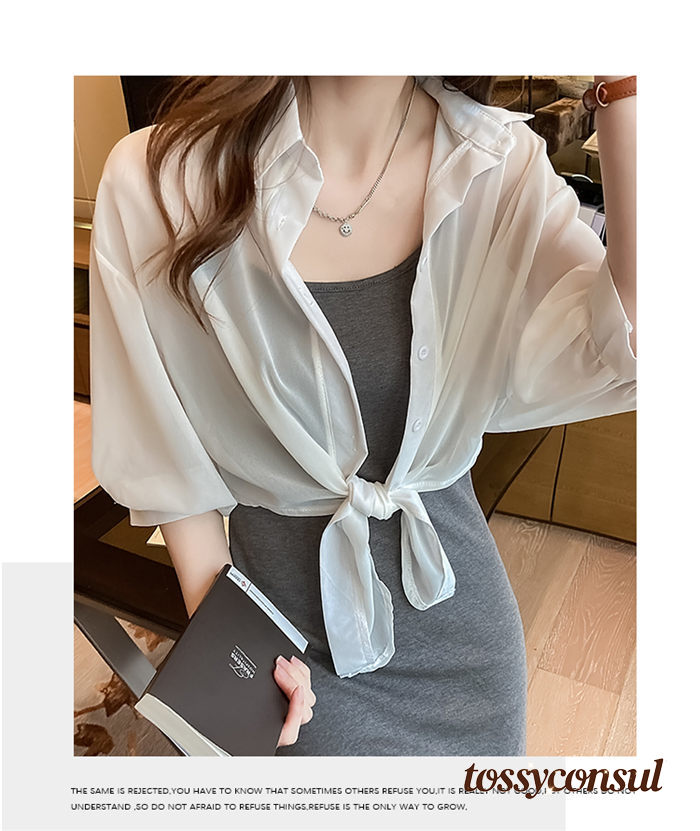 新生活応援 裾結び シアー ブラウス グランディール レディース トップス シャツ ブラウス ショート丈 シースルー シフォン レイヤード