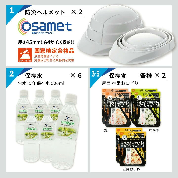 防災グッズ セット 2人用 ふたりセットW＋ 防災リュック オレンジ グレー 紺 オサメット 防災ヘルメット 折り畳み 食品 保存食 トイレ 水 保存水 タンク 手回し充電 ラジオ 大容量 災害対策 防災用品 備蓄 非常食 非常用持ち出し袋 避難用バッグ osamet Bosai 加賀産業 tosuka-10014708 ギフトと雑貨ファンメアリー サンプル画像3