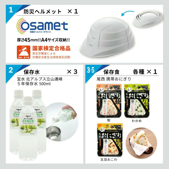 防災グッズ セット 1人用 ひとりセットS+ 防災リュック オレンジ グレー 紺 オサメット 防災ヘルメット 折り畳み 非常用持ちだし袋 避難用バッグ 食品 保存食 トイレ 水 保存水 タンク 手回し充電 ラジオ 大容量 災害対策 防災用品 備蓄 非常食 osamet Bosai 加賀産業 tosuka-10014709 ギフトと雑貨ファンメアリー サンプル画像2