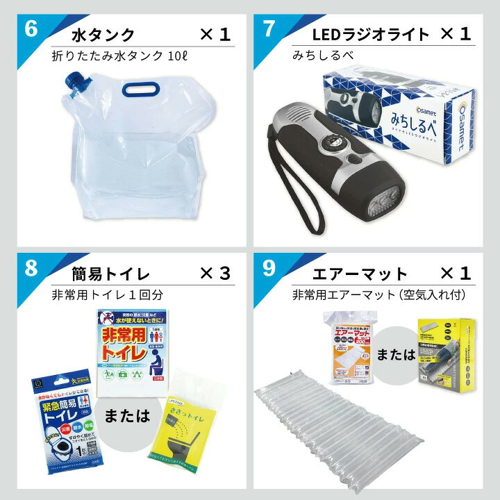 防災グッズ セット 1人用 ひとりセットS+ 防災リュック オレンジ グレー 紺 オサメット 防災ヘルメット 折り畳み 非常用持ちだし袋 避難用バッグ 食品 保存食 トイレ 水 保存水 タンク 手回し充電 ラジオ 大容量 災害対策 防災用品 備蓄 非常食 osamet Bosai 加賀産業 tosuka-10014709 ギフトと雑貨ファンメアリー サンプル画像3