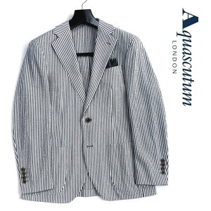 Aquascutum【アクアスキュータム】日本製ストライプジャケットシアサッカー　ストレッチブルー×ホワイト系背抜き仕立て