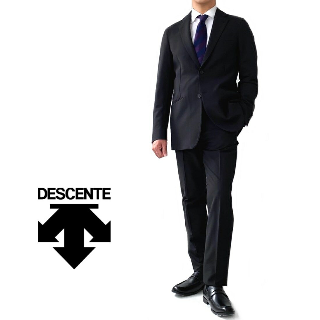 DESCENTE【デサント】ストレッチスーツ立体裁断撥水加工黒ブラック織柄総裏仕立て