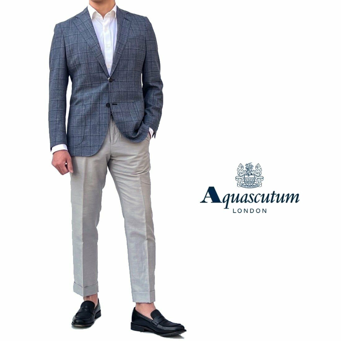 Aquascutum【アクアスキュータム】日本製（イタリア製生地使用）シルクリネン混ウールジャケットLoroPiana社生地　ウィンドペンネイビ..