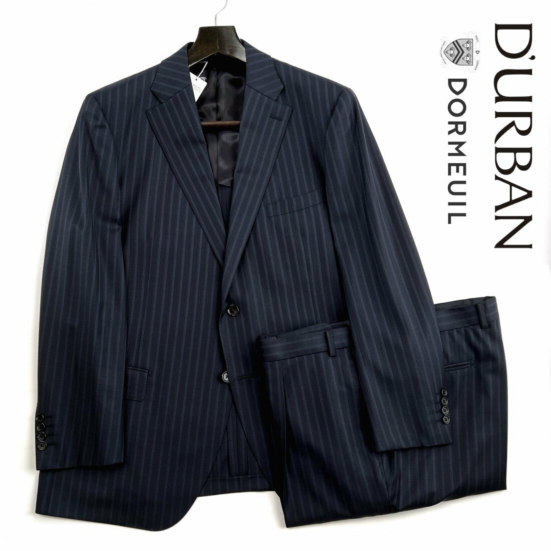 D'URBAN ombrare×DORMEUIL【ダーバンオンブラーレ】【ドーメル】日本製（イギリス製生地使用）ストライプウールスーツ濃紺×ブルーストライプ背抜き仕立てLuxuryライン大きいサイズ（E7サイズ）