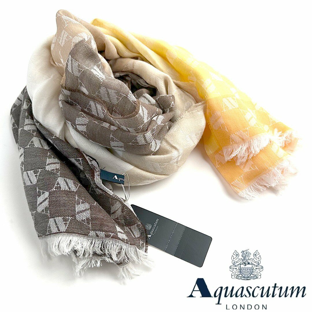 Aquascutum【アクアスキュータム】定価30,800円（税込）イタリア製グラデーションストールAモノ ボーダーイエロー×オレンジ×ベージュ×ブラウン