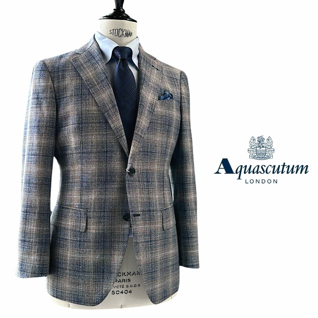 アクアスキュータム Aquascutum【アクアスキュータム】定価176,000円（税込）日本製（MADE IN JAPAN）シルクリネン混ウールジャケットベージュ×ブルー系春夏　背抜き仕立て