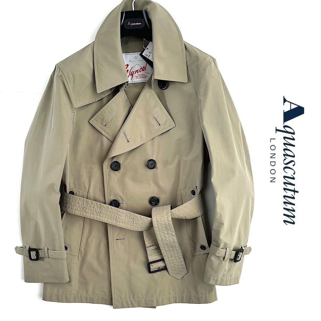 アクアスキュータム Aquascutum【アクアスキュータム】定価99,000円（税込）日本製 ショートトレンチコート防風・撥水素材 「WYNCOL」カーキベージュ スプリングコート36(M)・38(L)・40(LL)サイズ