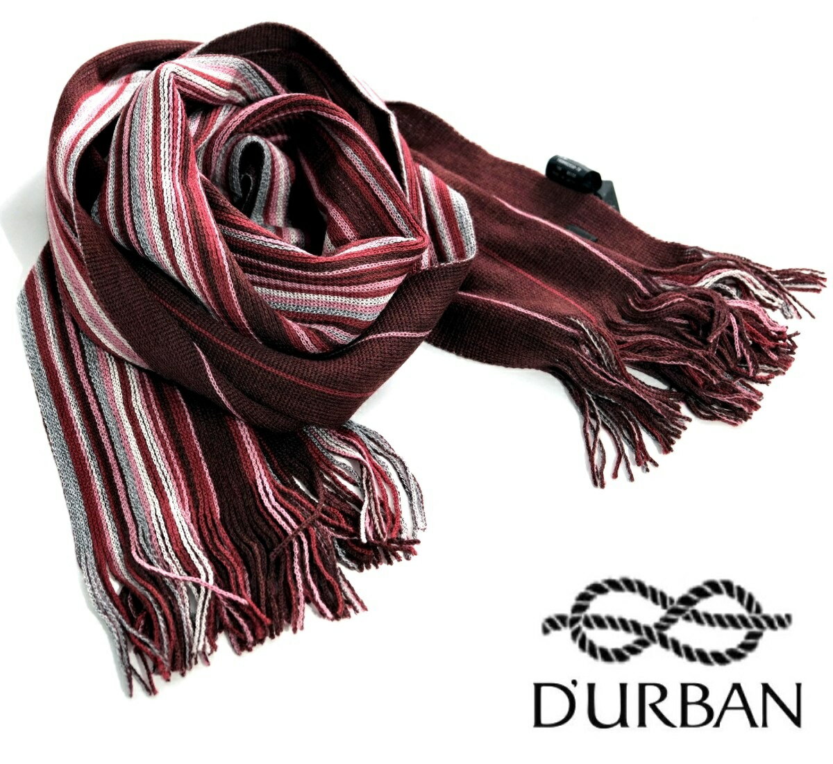 D'URBAN【ダーバン】定価11,000円(税込)◆50%OFF◆日本製ラッセルウールマフラーストライプ リバーシブルレッド×ボルドー×グレー系