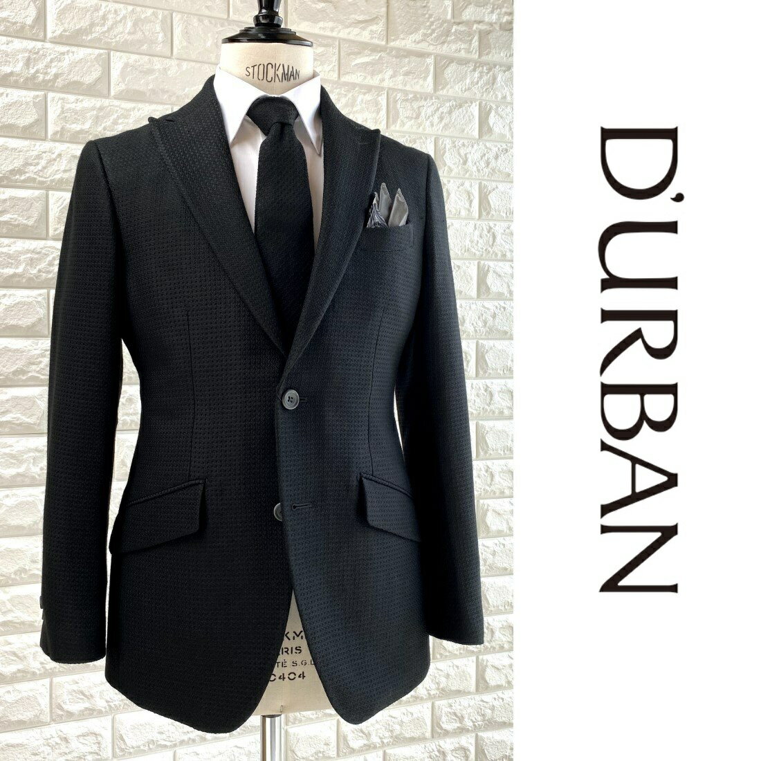 D'URBAN日本製シルク混ウールジャケット織柄　ピークドラペルブラック　黒総裏仕立て