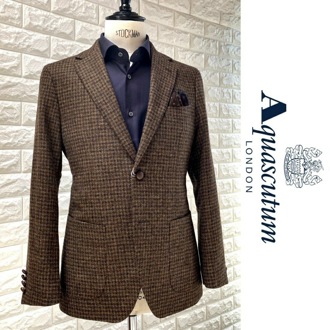 Aquascutum【アクアスキュータム】日本製ツイードジャケット胡桃釦　クルミ釦MIXカラー　ブラウン系総裏仕立て