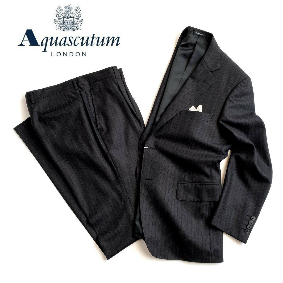 Aquascutum【アクアスキュータム】日本製シャドーストライプウールスーツダークブラウン総裏仕立て