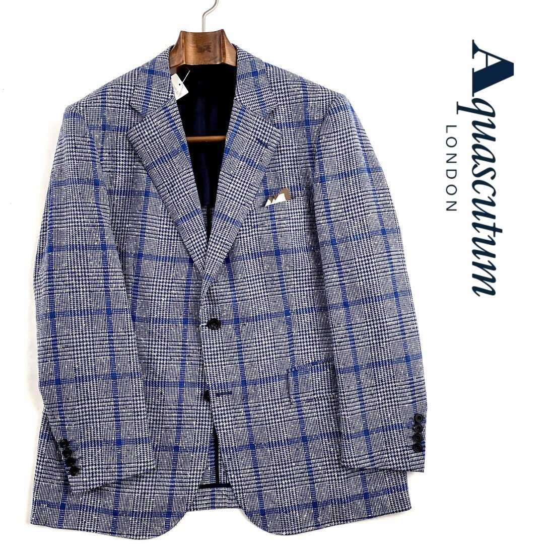 Aquascutum【アクアスキュータム】日本製シルクリネン混ウールジャケットチェック×ネップブルー系背抜き仕立て大きいサイズ