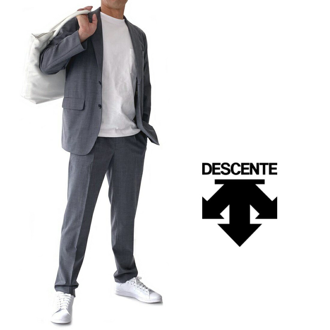 ジャケット・スラックスの単体使いもできるセットアップスーツは着こなしの場を広げてくれます♪DESCENTE【デサント】セットアップスーツグレーメッシュ裏地ウォッシャブル 家庭洗濯可