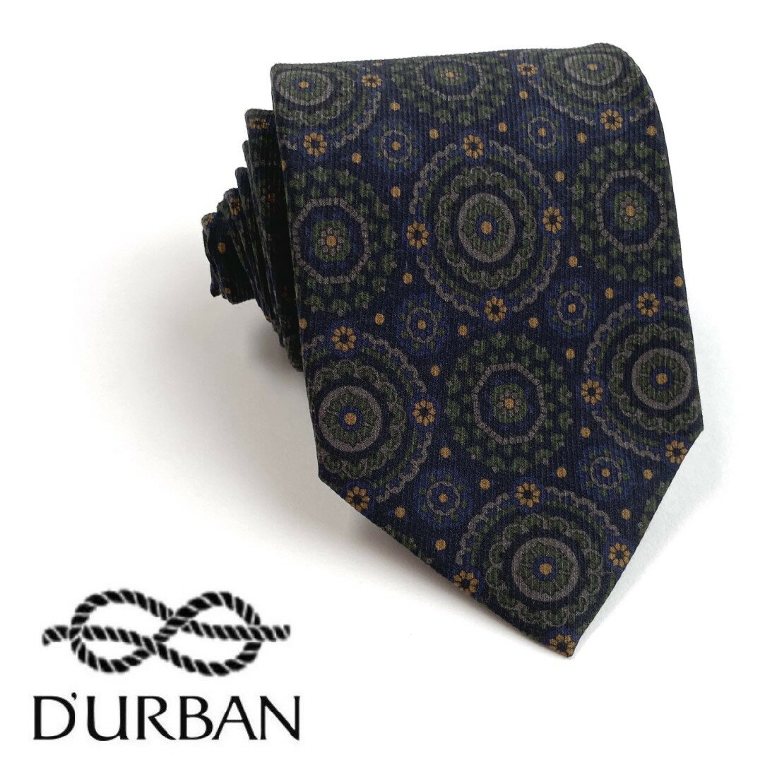 D'URBAN【ダーバン】日本製シルクネクタイ絹100％小紋プリント柄　フラワー　花ネイビー×グリーン系