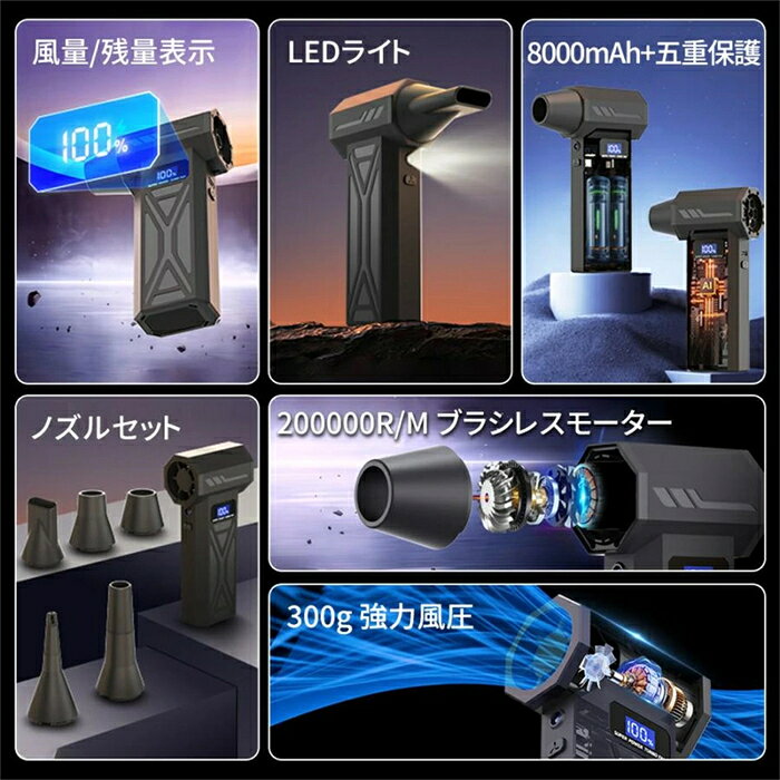【最大風速80m/s・8000mAh】電動ブロワー 電動エアダスター ブラシレスモーター 充...