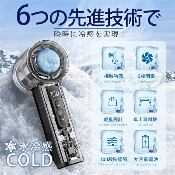 携帯扇風機 Type-C急速充電 超軽量 透明デザイン クーラー機能 持ち運びに便利携帯ファン 手持ち & 卓上 暑さ対策 3000mAh 大容量 長時間稼働 オフィス アウトドア スポーツ 花火大会 3