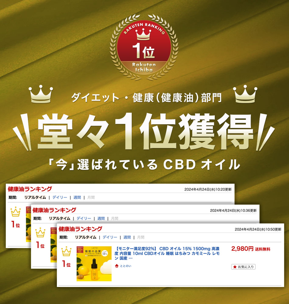 【50%off SALE 楽天ランキング1位】モニター満足度92%◎ CBD オイル 15% 1500mg 高濃度 内容量 10ml CBDオイル MCTオイル オーガニック サプリ 睡眠 はちみつ カモミール レモン 国産 GMOフリー 日本製 高品質 ヘンプシード 植物由来 カンナビノイド LETO レト 2