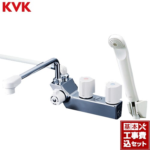 【キーワード】蛇口 / 商品＋基本工事費セット / 取り付け工事込み / 台付 【　KF207　の後継品　】KF207N-KJ 商品説明シリーズ デッキ型一時止水付2ハンドルシャワー（左側シャワー）仕様・特徴 240mmパイプ付逆止弁一時止水エコこま取付ピッチ85mmシャワーヘッド白シャワーホース白：1.6m白ハンガー商品構成 浴室水栓：KF207N×1工事費：CONSTRUCTION-BFC×1発売日 2020年
