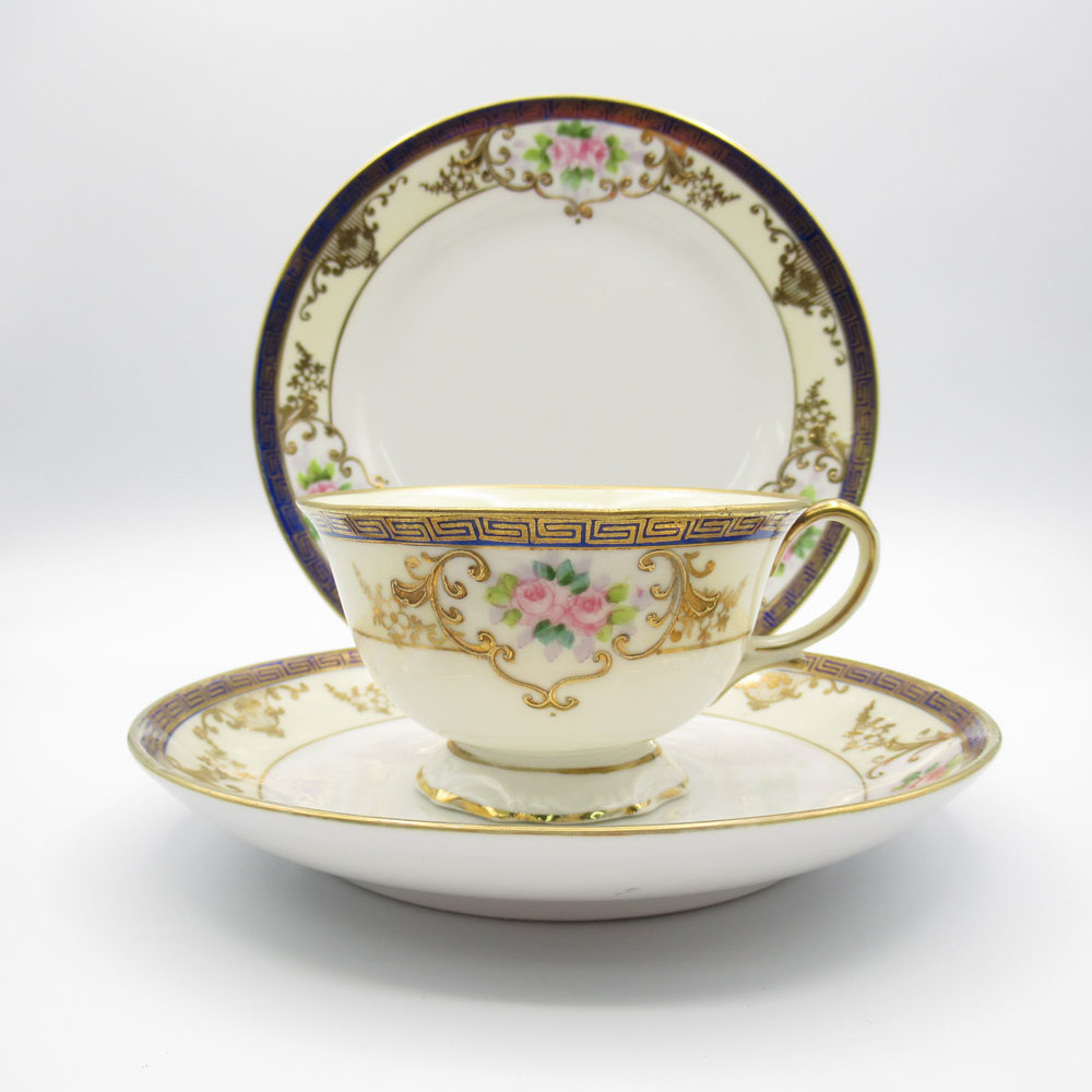 アンティーク トリオ カップ&ソーサー Noritake オールドノリタケ 英国輸出用 1906-1925年 金盛 ハンドペイント ヴィンテージ 食器 陶磁器 キッチン雑貨 テーブルウェア ティ—セット 茶器