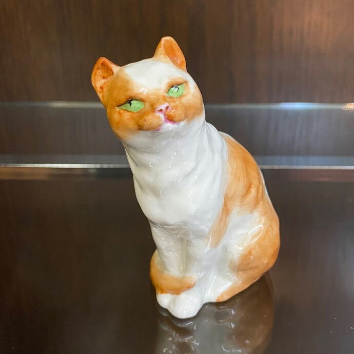 アンティーク フィギュア 猫 白茶 Royal Worcester ロイヤルウースター ハンドペイント 1957年頃 ヴィンテージ 置物 インテリア 雑貨 陶磁器 動物