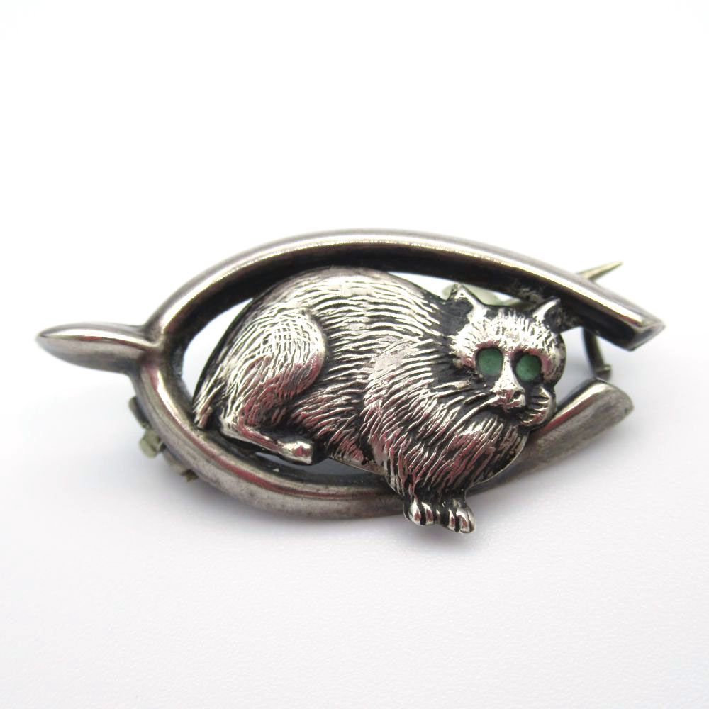 アンティーク ジュエリー シルバー ブローチ ウィッシュボーン＆猫 ヴィンテージ アクセサリー 銀 ラッキーモチーフ 動物のサムネイル