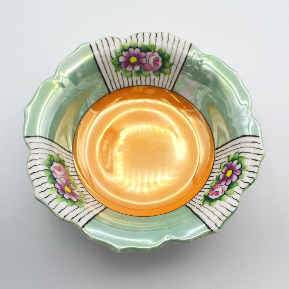 訳あり アンティーク 脚付き ボンボンディッシュ プレート 小皿 Noritake オールドノリタケ ラスター彩 ハンドペイント 米国輸出用 K-Japan印 1921-1941年頃 ヴィンテージ キッチン雑貨 テーブルウェア 食器 陶磁器 インテリア 置物 小物入れ トレイ [2]