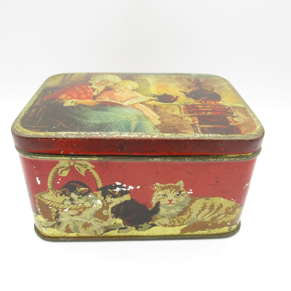 アンティーク雑貨・インテリア ティン缶（ブリキ缶） 小物入れ 親子・猫 1900年頃 英国製のサムネイル