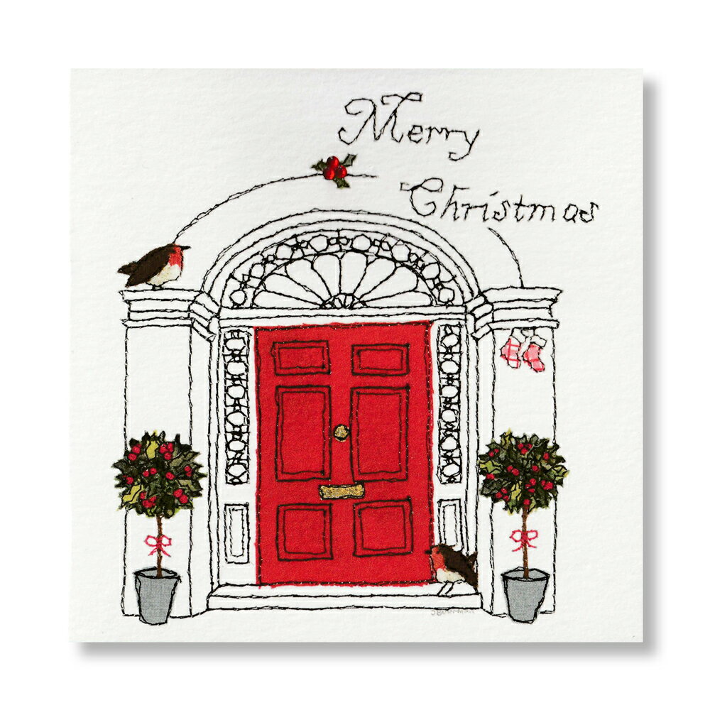 英国製 クリスマス グリーティングカード 封筒つき ラインストーン ドア Jane Buurman 輸入 ハンドメイド ステーショナリー 文房具 手紙 多目的 白 刺繍柄 柊 駒鳥 かわいい メール便OK 在庫限り