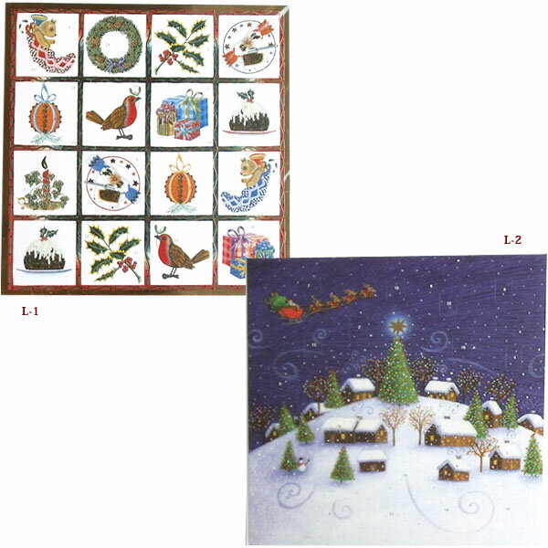 アドベントカレンダー　Lサイズ（28×28cm）封筒つき クリスマスツリー/サンタクロース/雪/トナカイ/ヒイラギ/七面鳥