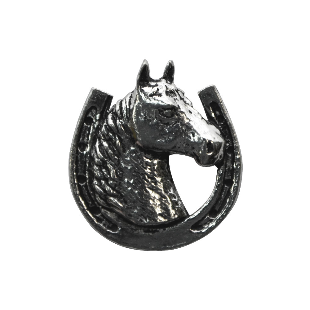 英国製 ピンバッジ 馬と蹄鉄 Brown Pewter ラペルピン メンズ レディース ギフト プレゼント 贈り物 動物 ホースシュー メール便OK