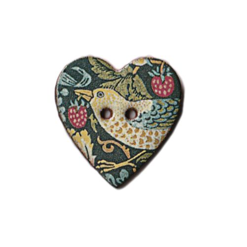 英国製 陶器ボタン ウィリアムモリス いちご泥棒 小サイズ ハート 23mm 二つ穴 ストックウェルセラミックス BH8 手作り ハンドメイド かわいい William Morris メール便OK