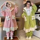 パジャマ 女の子 ルームウェア 上下セット レディース 兎耳フード付き 秋冬 防寒 ロング 厚手 前開き パジャマ 可愛い もこもこ ふわふわ 花柄ポケット ウ...