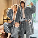 ペアパジャマ カップル 冬 もこもこ レディースパジャマ メンズパジャマ 前開き ルームウェア 上下セット 長袖 猫耳 肉球 猫柄 ねこ耳 ネコ耳 星の柄 ウサ...