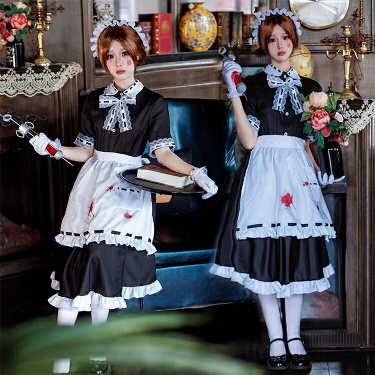 ハロウィン コスプレ メイド服 レディース 大人 コスチューム 仮装 女の子 セットアップ 6点セット エプロン ワンピース 大きいサイズ 暗殺者 メイド キラー おもしろ 変装グッズ 女装 ハロウイン衣装 キャラクター イベント パーティー 撮影スタジオ 遊び着 写真映え