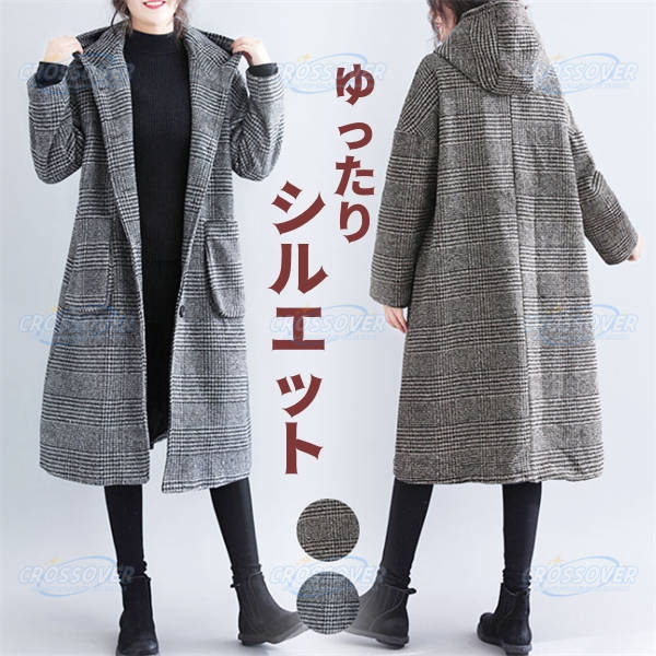 乐天商城 - ゆったりシルエット グレンチェック フードコート レディース フーデットコート グレンチェック フード付き コクーンシルエット アウター秋冬コート格子 秋冬 防寒 あったか ミディアム丈