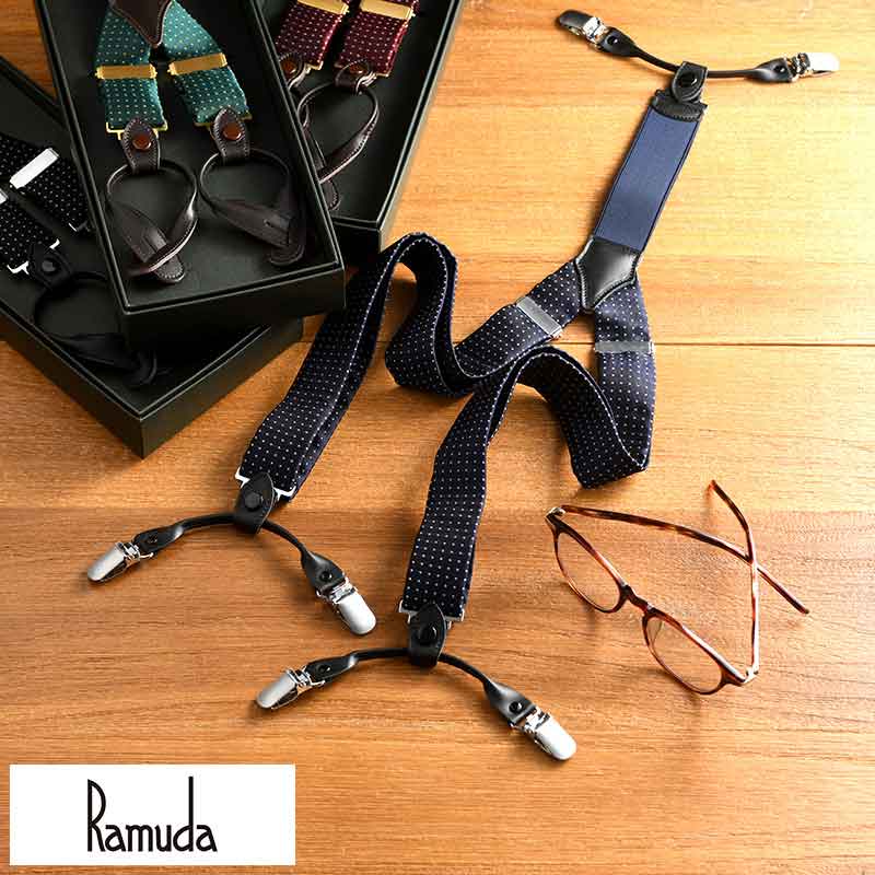 サスペンダー メンズ 日本製 Ramuda Y型サスペンダー ドット柄30mm幅 ダブルクリップ ボタン両用 大人 男性 ビジネス おしゃれ 正装 クラシカル 2way トラッド