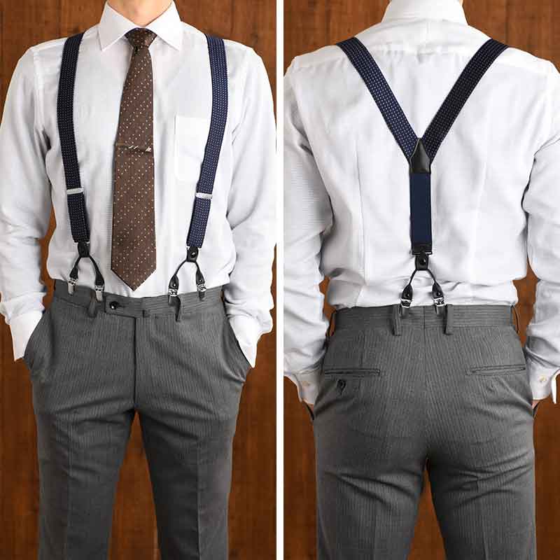 サスペンダー メンズ 日本製 Ramuda Y型サスペンダー ドット柄30mm幅 ダブルクリップ ボタン両用 大人 男性 ビジネス おしゃれ 正装 クラシカル 2way トラッド