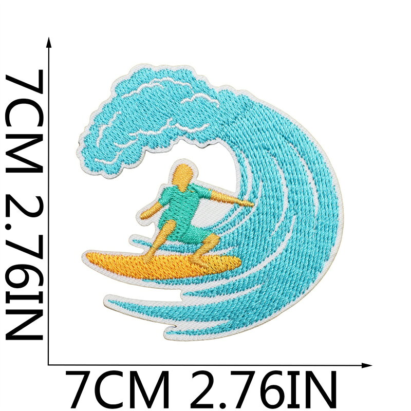 WM-ワッペン「 サーフィン・水色 」3＃可愛いイラストの刺繍ワッペン