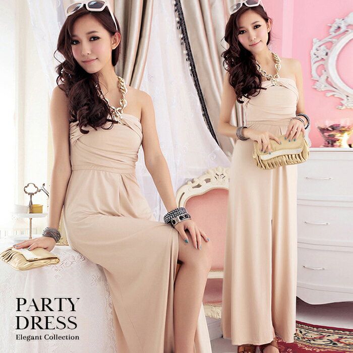 パーティードレス Party dress ロングドレス マキシ丈 ワンピース ロング ベアワンピ ホルターネック ドレス ワンピ beige 黒 ベージュ チェーンホルター付き マキシワンピ お呼ばれ 女子会 結婚式 ワンピスタイル