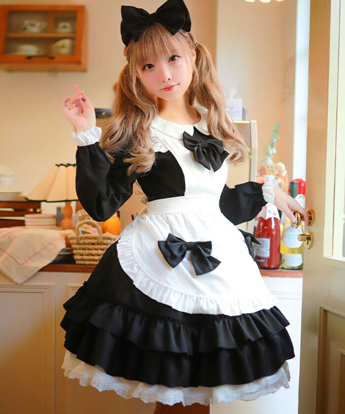 【予約商品】メイド服 コスプレ 衣装 メイド コスプレ衣装 ハロウィン コスチューム ウェイトレス 可愛い 大きいサイズ 3L 2L 2XL XL M L S ウェイトレス 黒 ブラック 長袖 膝丈ワンピース エプロン カチューシャ セット ゴスロリ ピンク ロリータ 文化祭 学園祭 S-2XL
