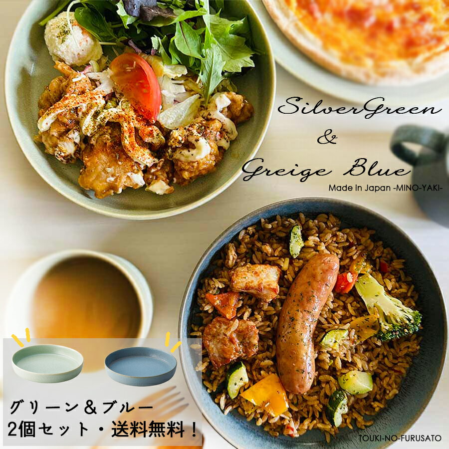 ＼送料無料！／SilverGreen(シルバーグリーン)＆Greigeblue(グレージュブルー)スプームL 2個セット 直径20.5cm H4.3cm 食器セット 丸皿 プレート カレー皿 パスタ皿 おしゃれ 浅ボウル アースカラー 北欧風 美濃焼 国産食器 窯変 陶器のふる里 trysカ