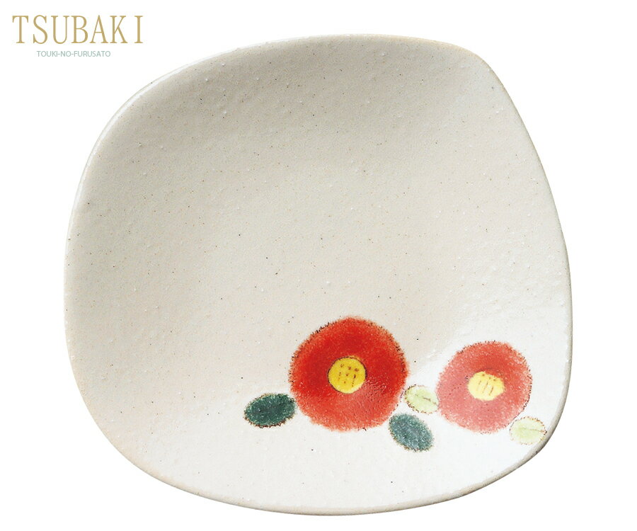＼クーポン配布中！／TSUBAKI赤 平皿 赤 幅18cm 変形角皿 花 椿 和食器 日本製 和皿 紅白 縁起物 正月 陶器のふる里 trysケのサムネイル