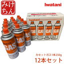 本体サイズ (直径*高さ)：68*198mm 重量1本単位 約1.1kg 使用ガス LPG(液化ブタン) 使用ガス量1本単位 250g*3 販売・製造元 岩谷産業 ブランド Iwatani(イワタニ) ご確認事項 カセットボンベ「イワタニカセットガス」は中身の成分が変化しないため、消費期限が設定されておりません。しかし、缶やバルブには金属や樹脂、ゴム等が使用されているため、保管状態によってはそれらが劣化し、ご使用中にガスが漏れて火災に至る事故が発生することがあります。長期間にわたり保管されている「イワタニカセットガス」をお持ちのお客様は、以下のご確認事項にご留意いただき、異常が認められる場合は、安全性の観点から直ちに使用を中止いただきますようお願いします。 使用上の注意 カセット器具はテント内や車内などでは絶対に使用しないでください。テント内や車内などの狭い場所で使用されますと、一酸化炭素中毒や酸欠により死亡または重傷の原因になります。 ご注意 こちらの商品は12本セット商品になります。