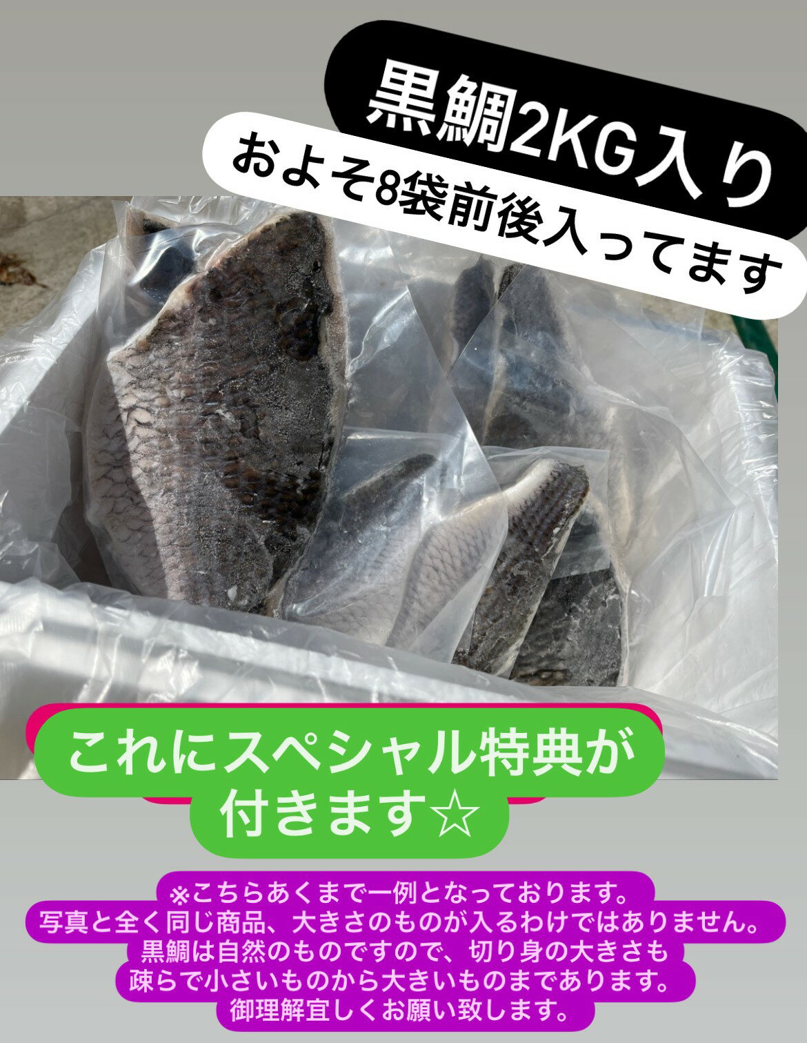 【冷凍】黒鯛　切り身　2kg入り　　☆スペシャル特典付き☆