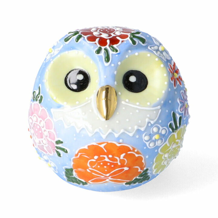 九谷焼 2号 ふくろう 友禅錦盛（ブルー）/友山＜送料無料 置物 縁起物 ふくろう 人気 ギフト 贈り物 結婚祝い/内祝い/お祝い/＞ 化粧箱入り