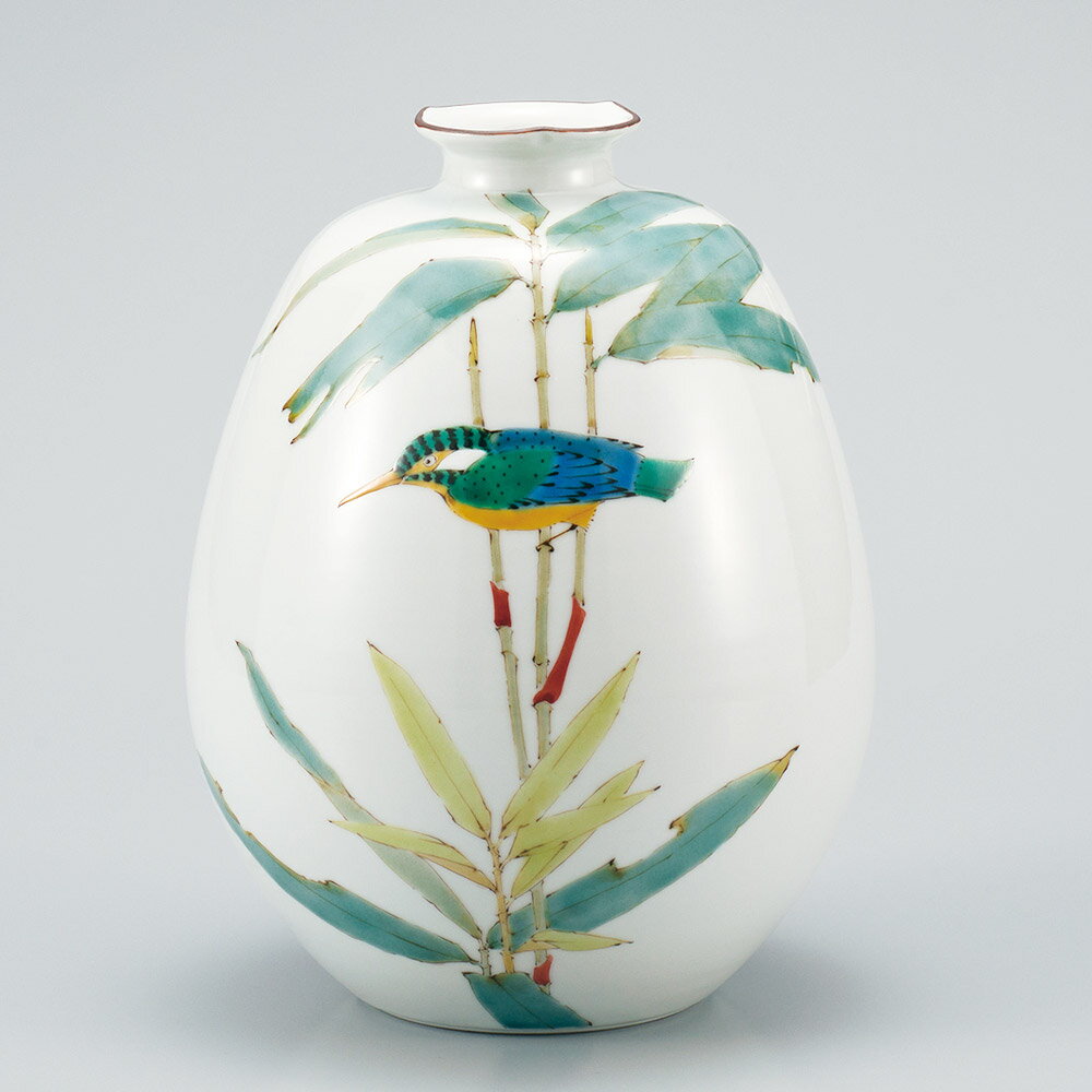 九谷焼 8号花瓶 笹に翡翠/山田龍山＜送料無料 花瓶 花器 人気 ギフト 贈り物 結婚祝い/内祝い/お祝い/＞ 木箱入り