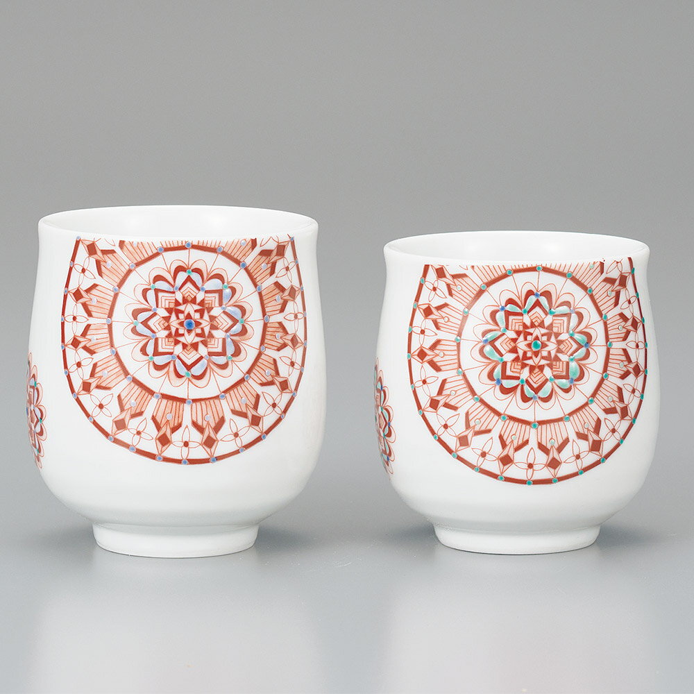 九谷焼 組湯呑 赤絵丸紋/大志窯＜送料無料 茶器 湯呑 ペア 人気 ギフト 贈り物 結婚祝い/内祝い/お祝い/＞ 化粧箱入り