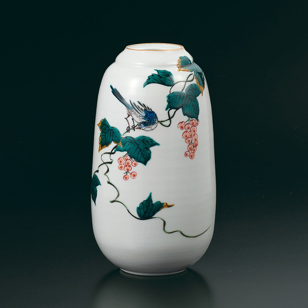 九谷焼 飾壺 色絵ぶどうに鳥/三ツ井為吉＜送料無料 花瓶 花器 人気 ギフト 贈り物 結婚祝い/内祝い/お祝い/＞ 桐箱紐通し入り