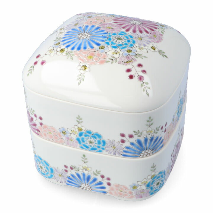 九谷焼 二段重 華(青紫)/色絵遊< 人気 ギフト 贈り物 結婚祝い/内祝い/お祝い/> 化粧箱入り