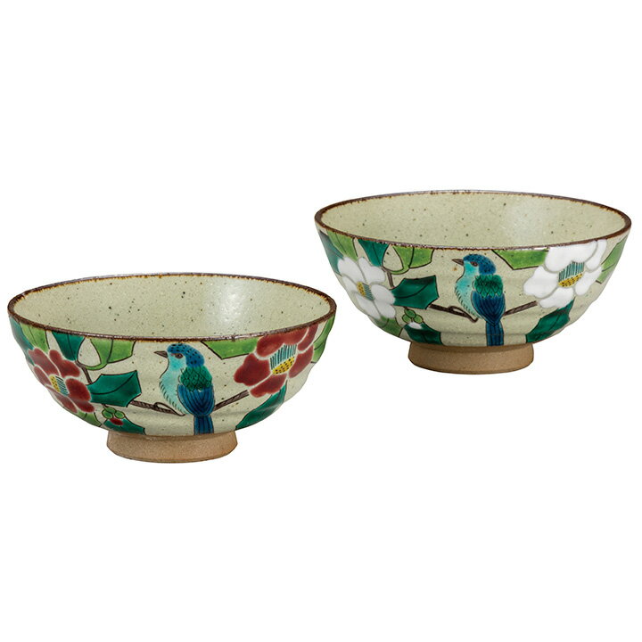 九谷焼 組飯碗 椿に鳥 ＜飯碗 ペア 人気 ギフト 贈り物 結婚祝い/内祝い/お祝い/＞ 化粧箱入り